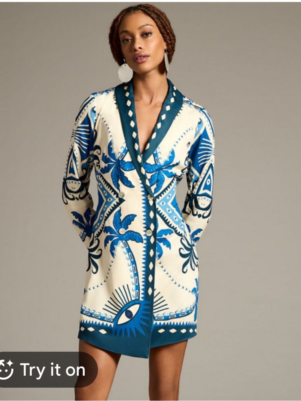FARM Rio Cream and Blue Mini Dress with Graphic Palm Print - Picture 1 of 7